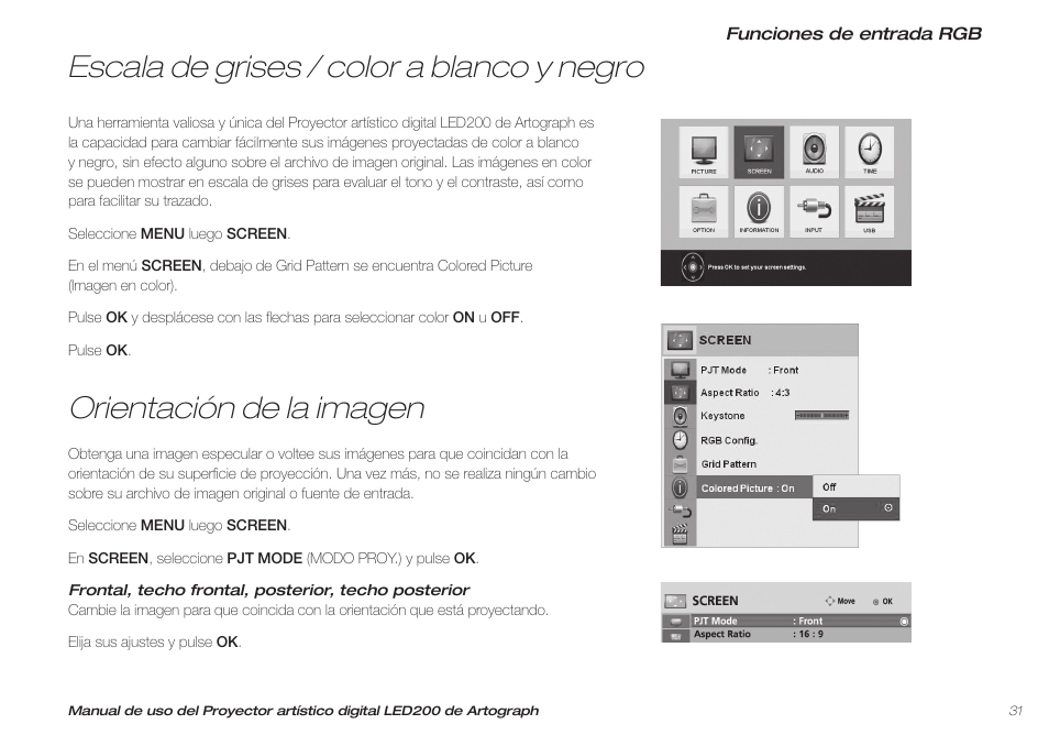 Orientación de la imagen, Escala de grises / color a blanco y negro | Artograph LED 200 Owners Manual User Manual | Page 31 / 60