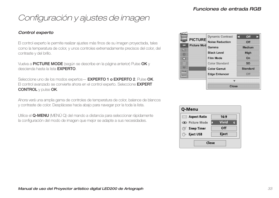 Configuración y ajustes de imagen | Artograph LED 200 Owners Manual User Manual | Page 33 / 60