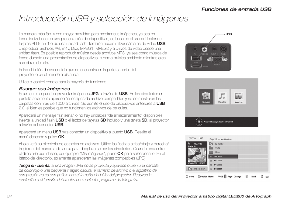 Introducción usb y selección de imágenes | Artograph LED 200 Owners Manual User Manual | Page 34 / 60