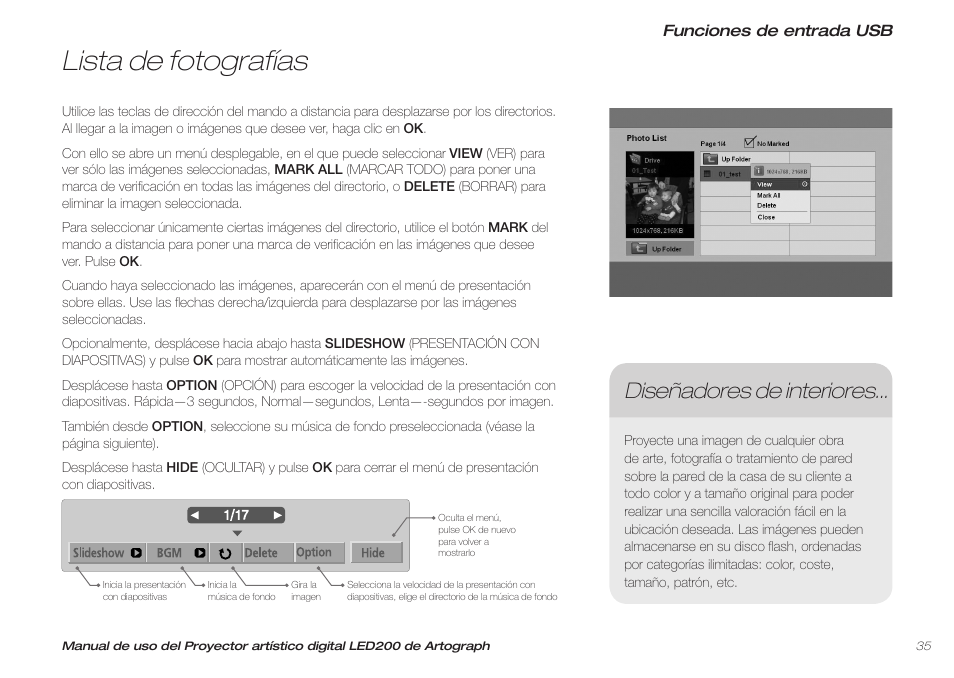 Lista de fotografías, Diseñadores de interiores | Artograph LED 200 Owners Manual User Manual | Page 35 / 60