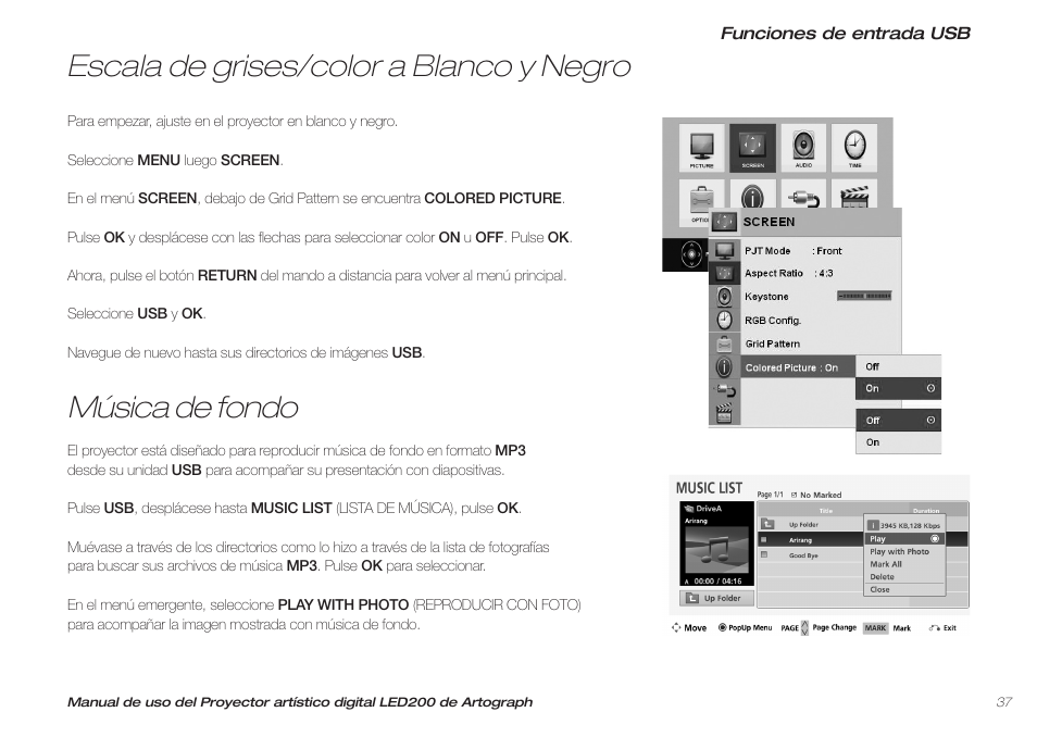 Escala de grises/color a blanco y negro, Música de fondo | Artograph LED 200 Owners Manual User Manual | Page 37 / 60
