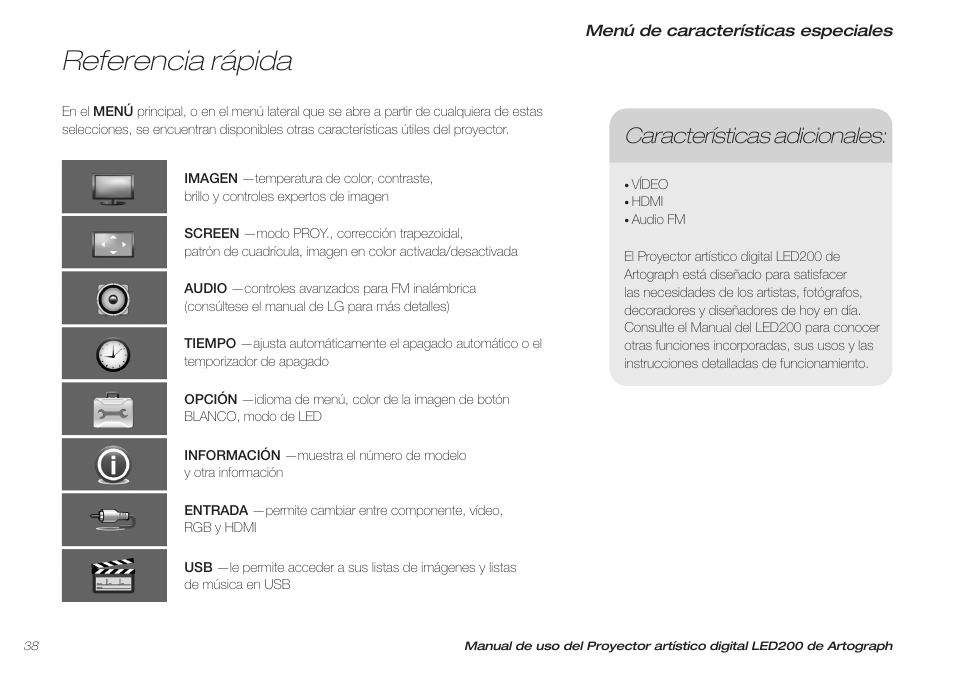 Referencia rápida, Características adicionales | Artograph LED 200 Owners Manual User Manual | Page 38 / 60