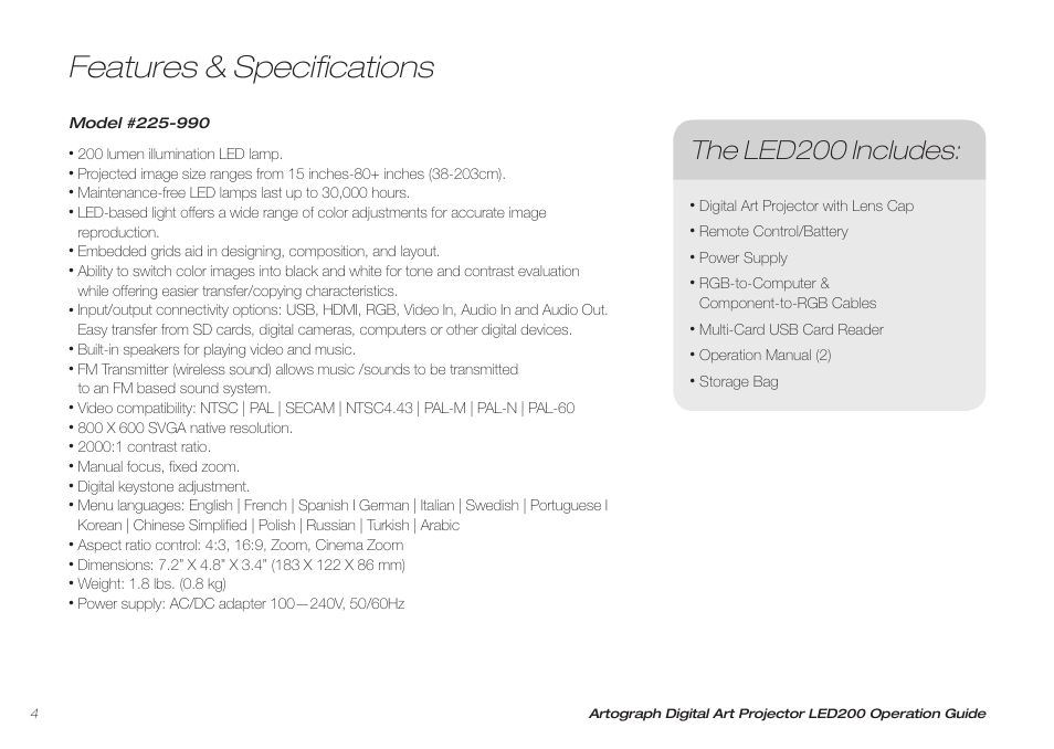 Features & specifications, The led200 includes | Artograph LED 200 Owners Manual User Manual | Page 4 / 60