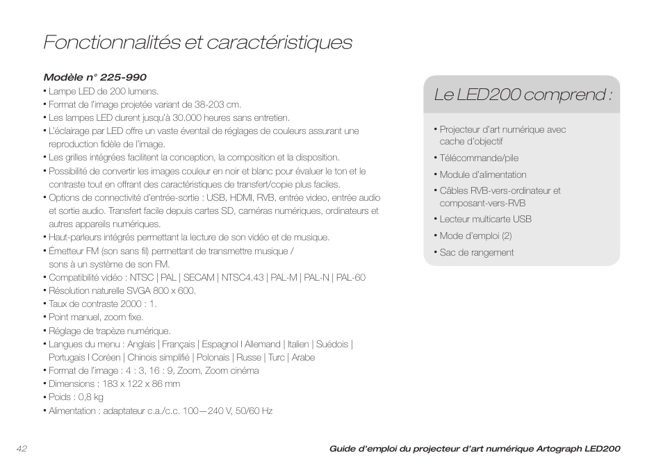 Fonctionnalités et caractéristiques, Le led200 comprend | Artograph LED 200 Owners Manual User Manual | Page 42 / 60