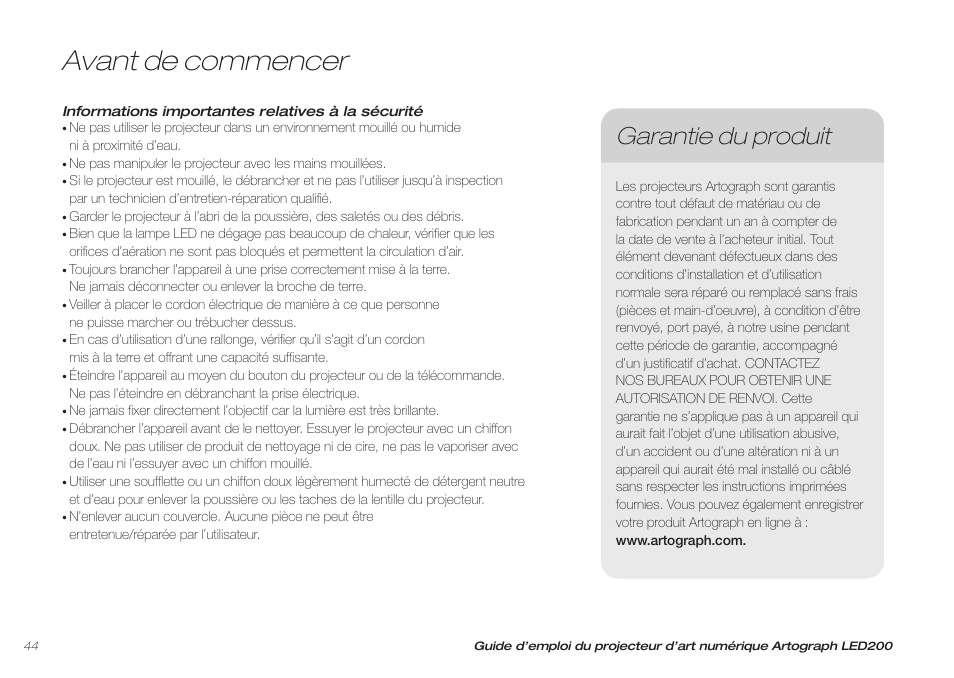 Avant de commencer, Garantie du produit | Artograph LED 200 Owners Manual User Manual | Page 44 / 60
