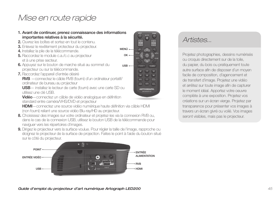 Mise en route rapide, Artistes | Artograph LED 200 Owners Manual User Manual | Page 45 / 60