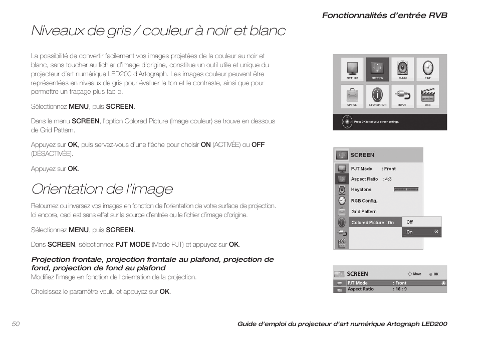 Orientation de l’image, Niveaux de gris / couleur à noir et blanc | Artograph LED 200 Owners Manual User Manual | Page 50 / 60