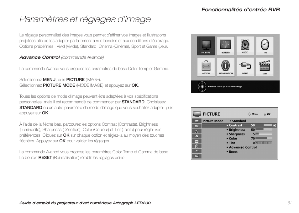 Paramètres et réglages d’image | Artograph LED 200 Owners Manual User Manual | Page 51 / 60