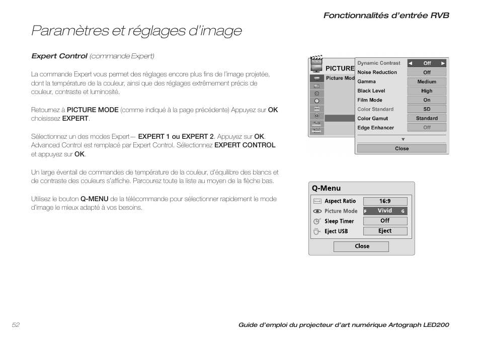 Paramètres et réglages d’image | Artograph LED 200 Owners Manual User Manual | Page 52 / 60