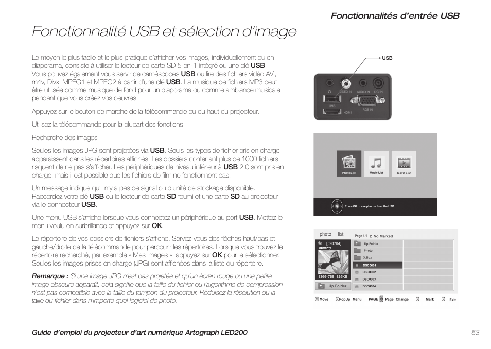 Fonctionnalité usb et sélection d’image | Artograph LED 200 Owners Manual User Manual | Page 53 / 60