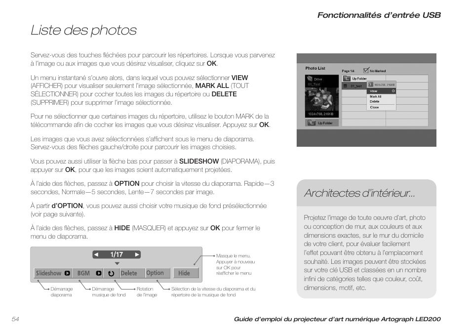 Liste des photos, Architectes d’intérieur | Artograph LED 200 Owners Manual User Manual | Page 54 / 60