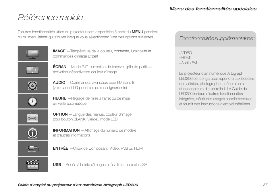 Référence rapide, Fonctionnalités supplémentaires | Artograph LED 200 Owners Manual User Manual | Page 57 / 60
