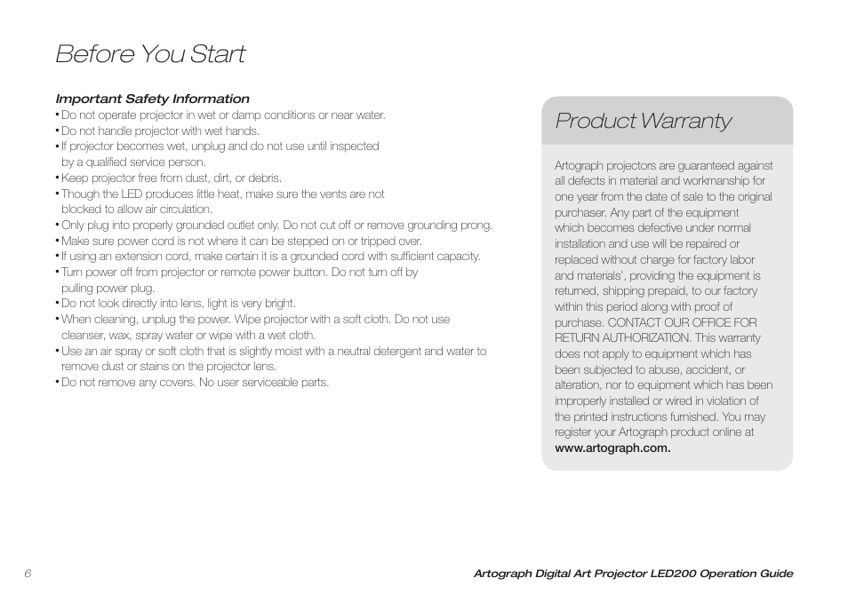 Before you start, Product warranty | Artograph LED 200 Owners Manual User Manual | Page 6 / 60