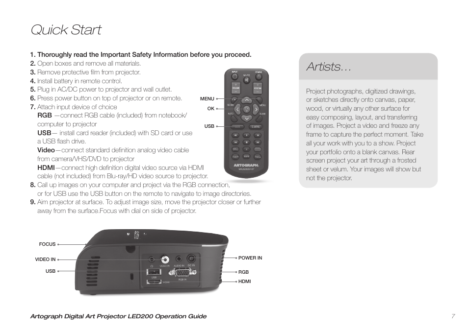 Quick start, Artists | Artograph LED 200 Owners Manual User Manual | Page 7 / 60