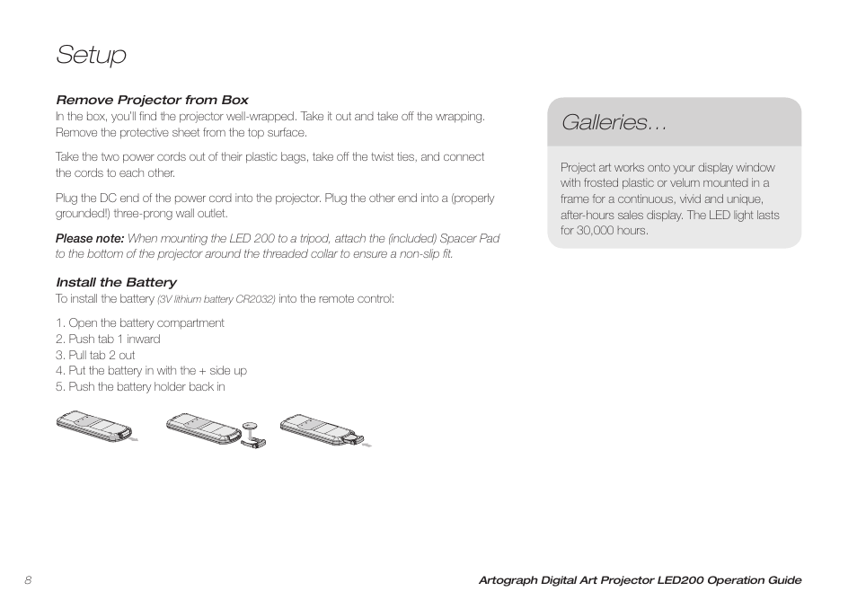 Setup, Galleries | Artograph LED 200 Owners Manual User Manual | Page 8 / 60