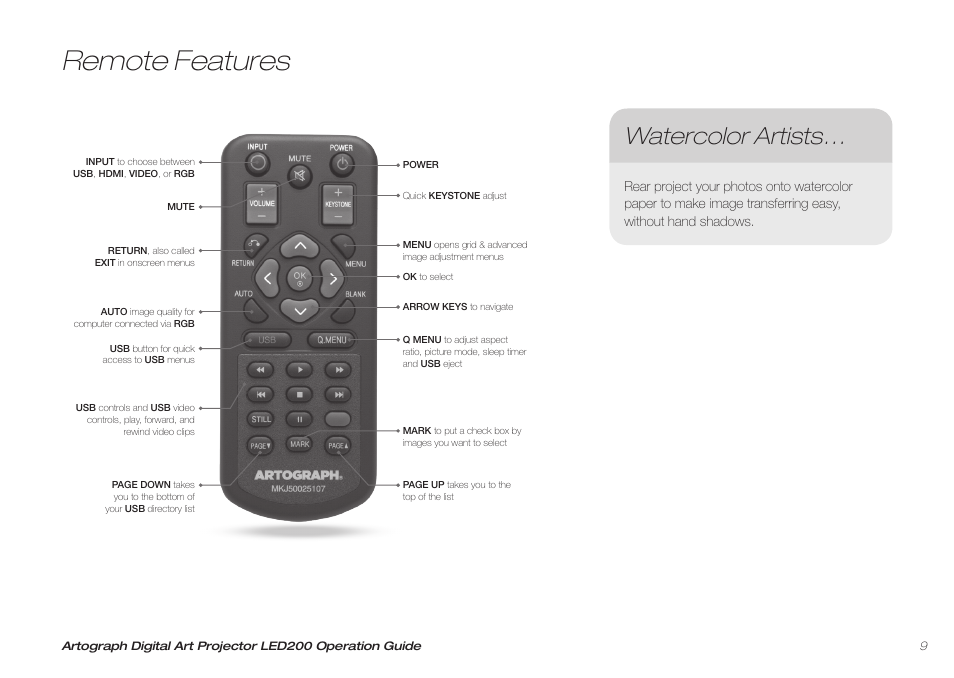 Remote features, Watercolor artists | Artograph LED 200 Owners Manual User Manual | Page 9 / 60