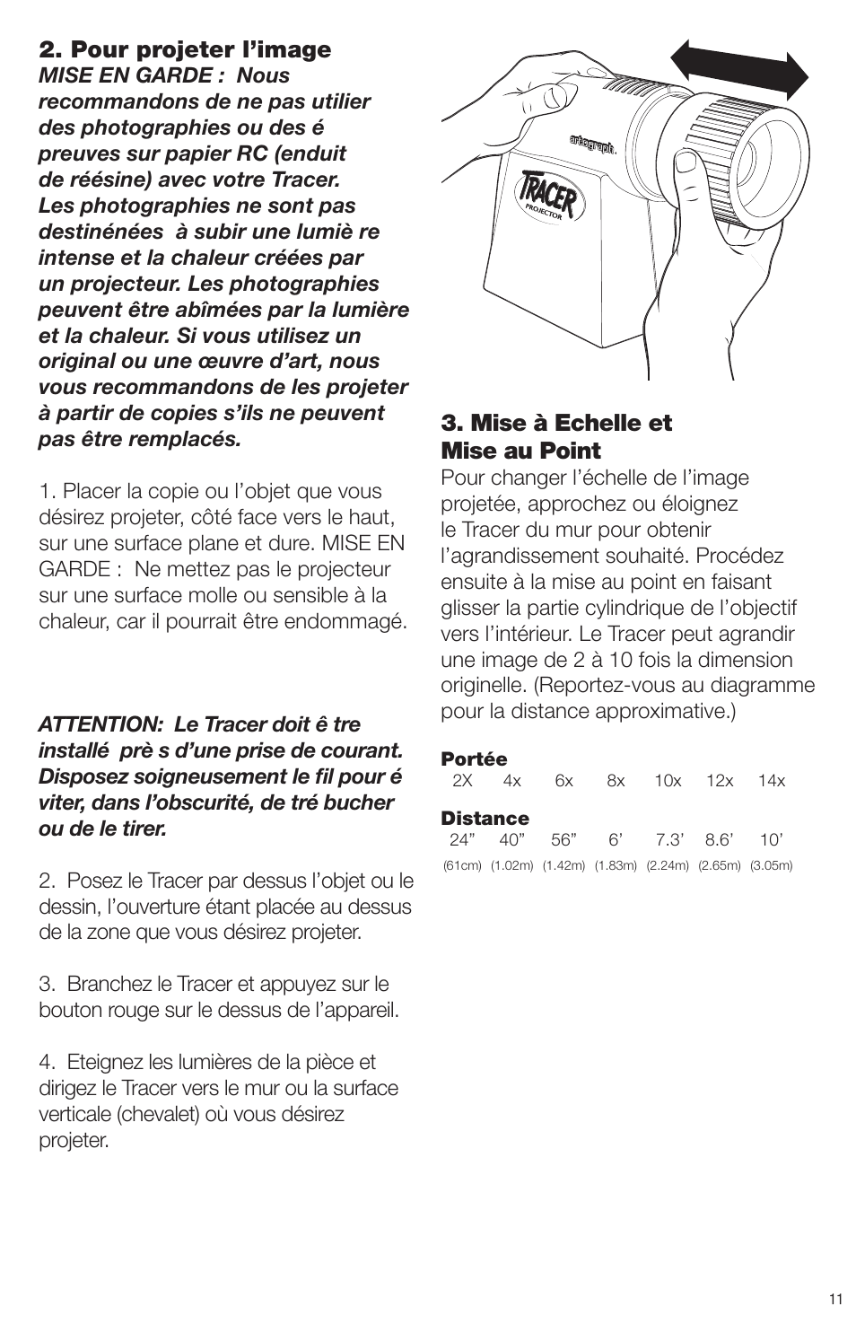 Pour projeter l’image, Mise à echelle et mise au point | Artograph Tracer User Manual | Page 11 / 24