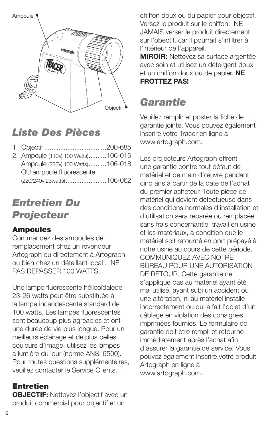 Liste des pièces, Entretien du projecteur, Garantie | Artograph Tracer User Manual | Page 12 / 24