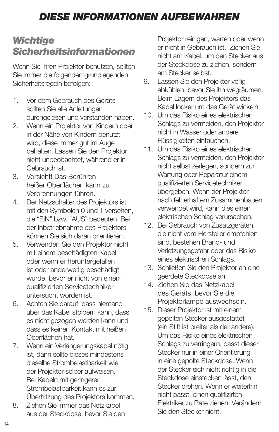 Wichtige sicherheitsinformationen, Diese informationen aufbewahren | Artograph Tracer User Manual | Page 14 / 24