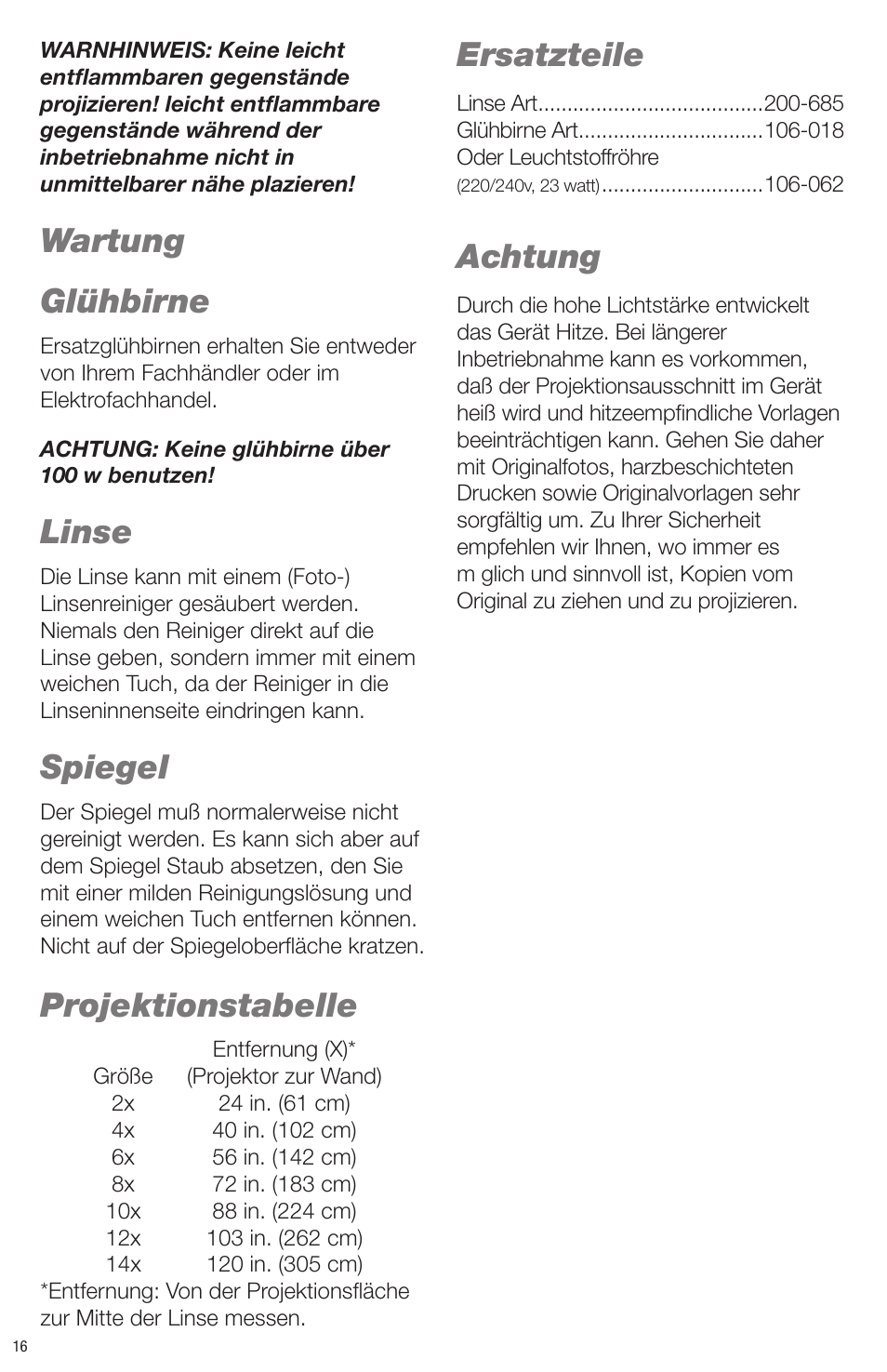 Wartung glühbirne, Linse, Spiegel | Projektionstabelle, Ersatzteile, Achtung | Artograph Tracer User Manual | Page 16 / 24