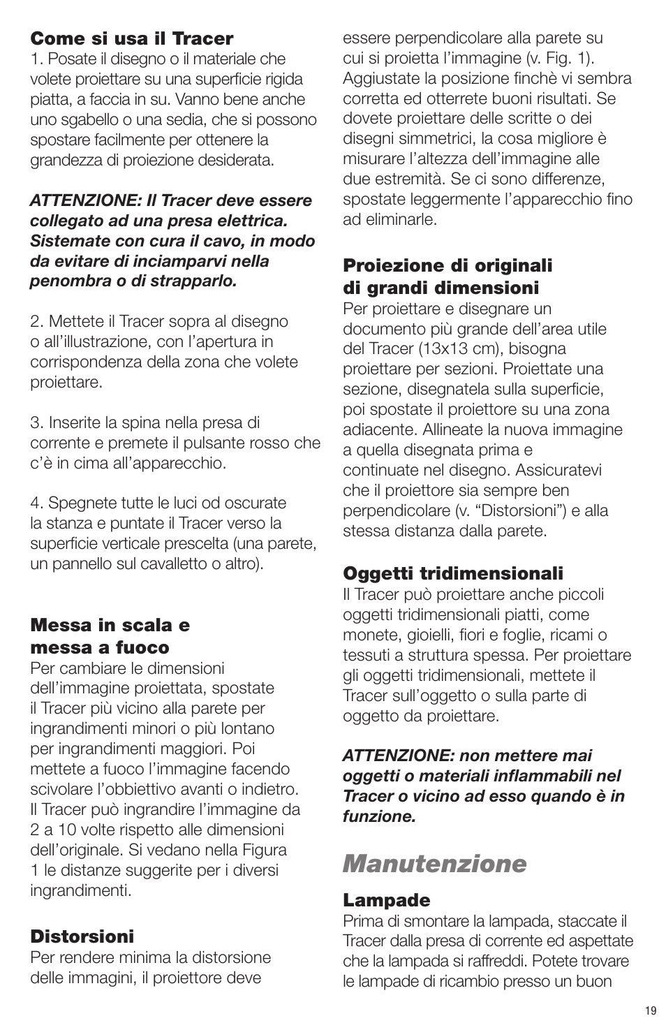 Manutenzione | Artograph Tracer User Manual | Page 19 / 24