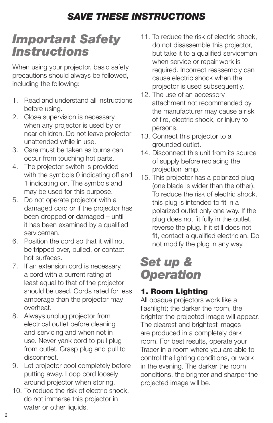 Important safety instructions, Set up & operation, Save these instructions | Artograph Tracer User Manual | Page 2 / 24