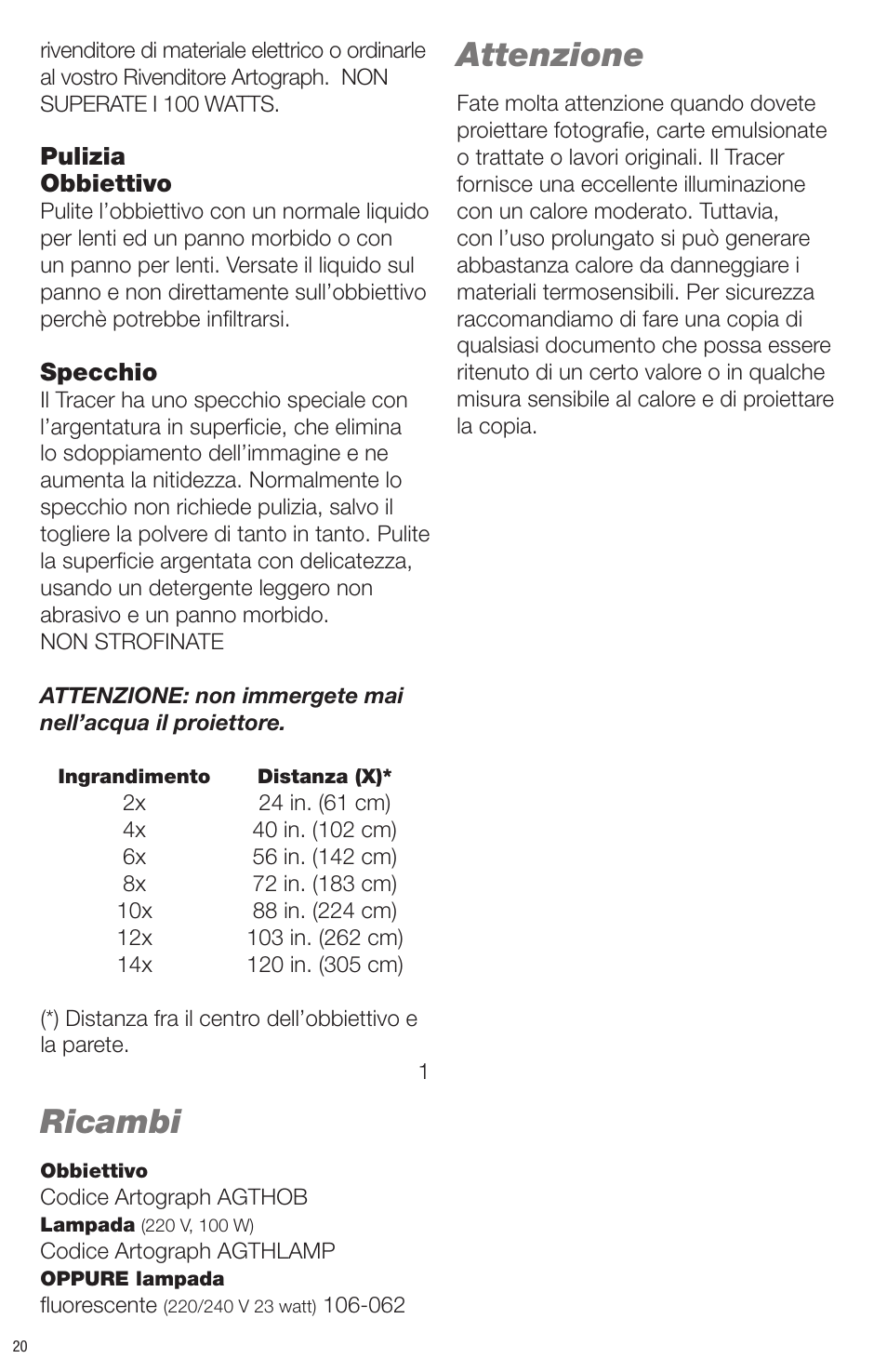 Ricambi, Attenzione | Artograph Tracer User Manual | Page 20 / 24