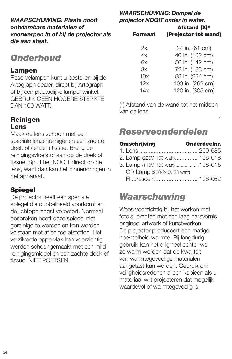 Onderhoud, Reserveonderdelen, Waarschuwing | Artograph Tracer User Manual | Page 24 / 24