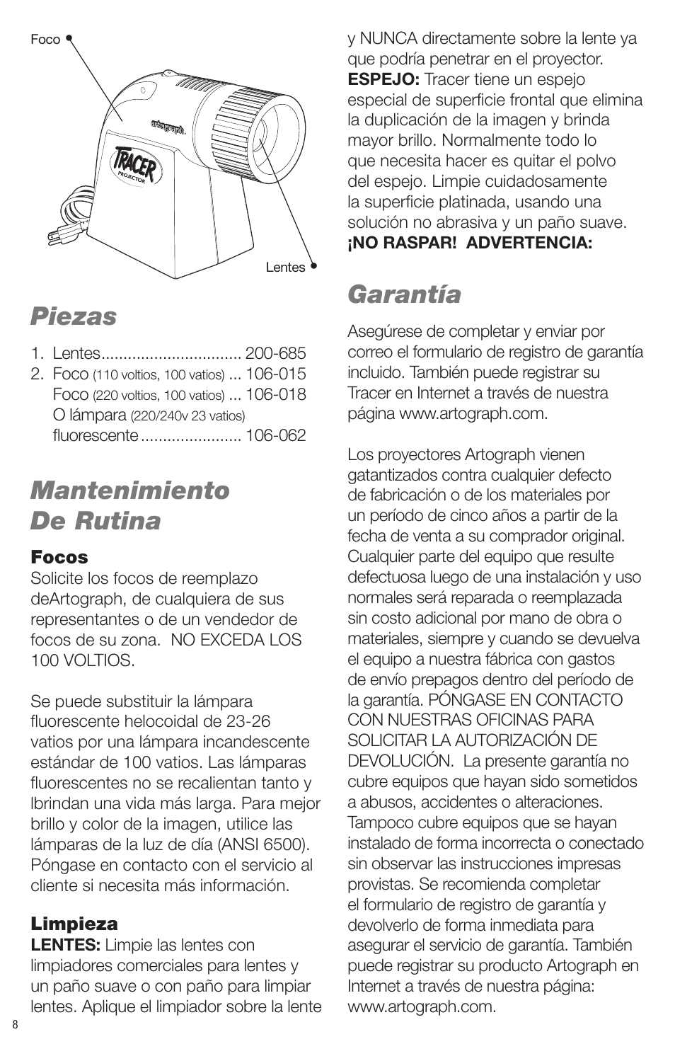 Piezas, Mantenimiento de rutina, Garantía | Artograph Tracer User Manual | Page 8 / 24