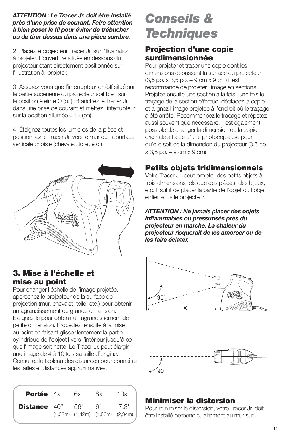 Conseils & techniques, Mise à l’échelle et mise au point, Projection d’une copie surdimensionnée | Petits objets tridimensionnels, Minimiser la distorsion | Artograph Tracer Jr. User Manual | Page 11 / 24