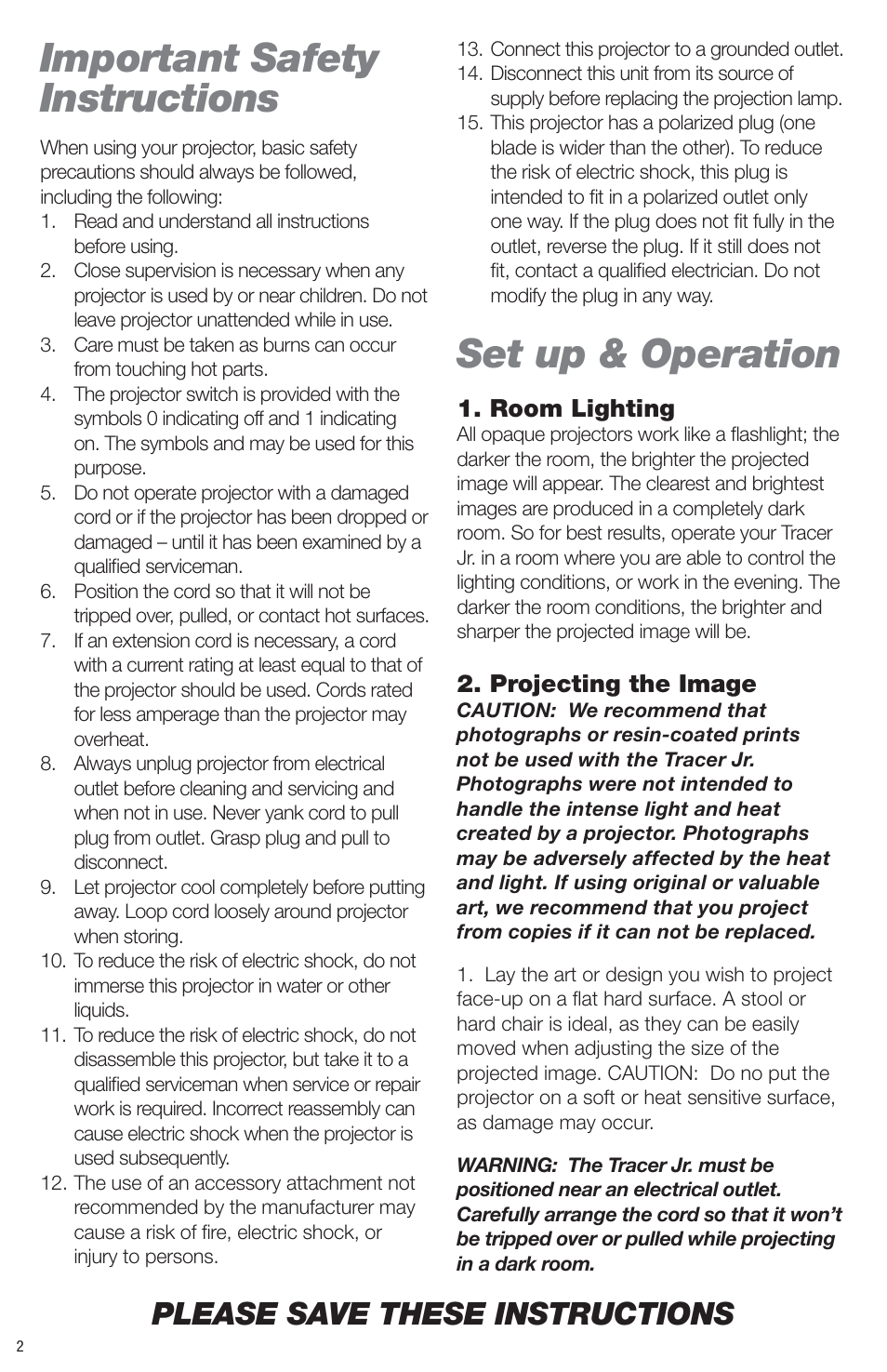 Important safety instructions, Set up & operation, Please save these instructions | Artograph Tracer Jr. User Manual | Page 2 / 24