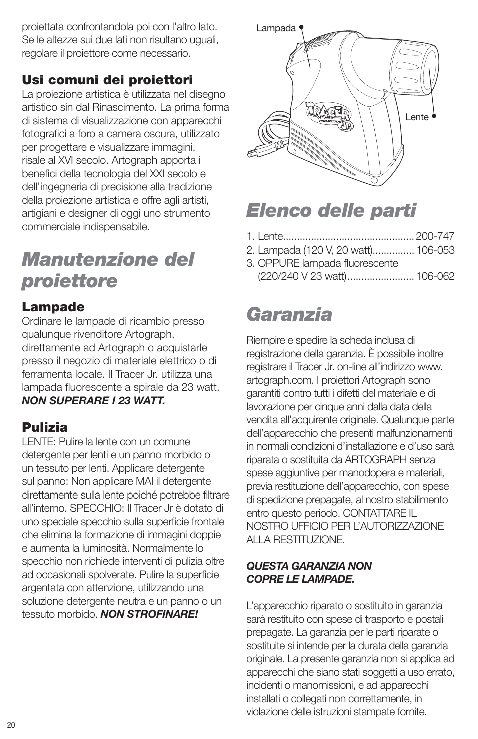 Manutenzione del proiettore, Elenco delle parti, Garanzia | Artograph Tracer Jr. User Manual | Page 20 / 24