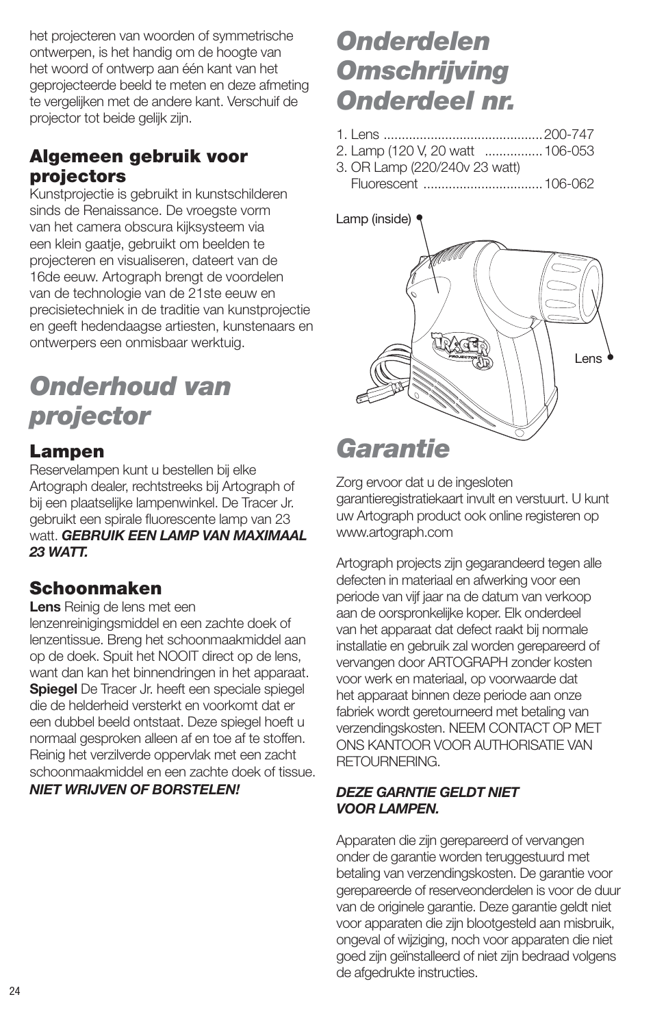 Onderhoud van projector, Onderdelen omschrijving onderdeel nr, Garantie | Artograph Tracer Jr. User Manual | Page 24 / 24
