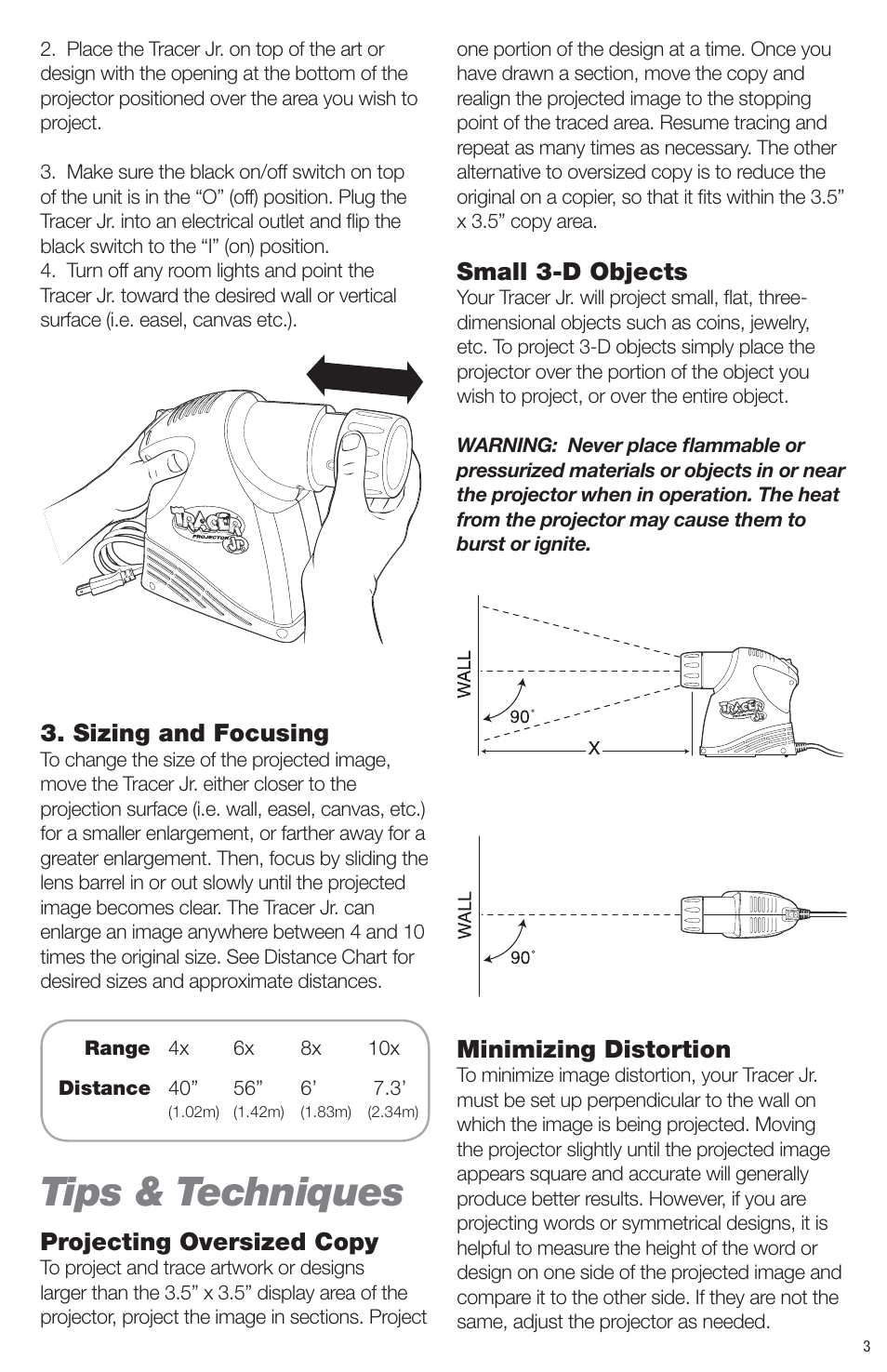 Tips & techniques, Sizing and focusing, Projecting oversized copy | Small 3-d objects, Minimizing distortion | Artograph Tracer Jr. User Manual | Page 3 / 24