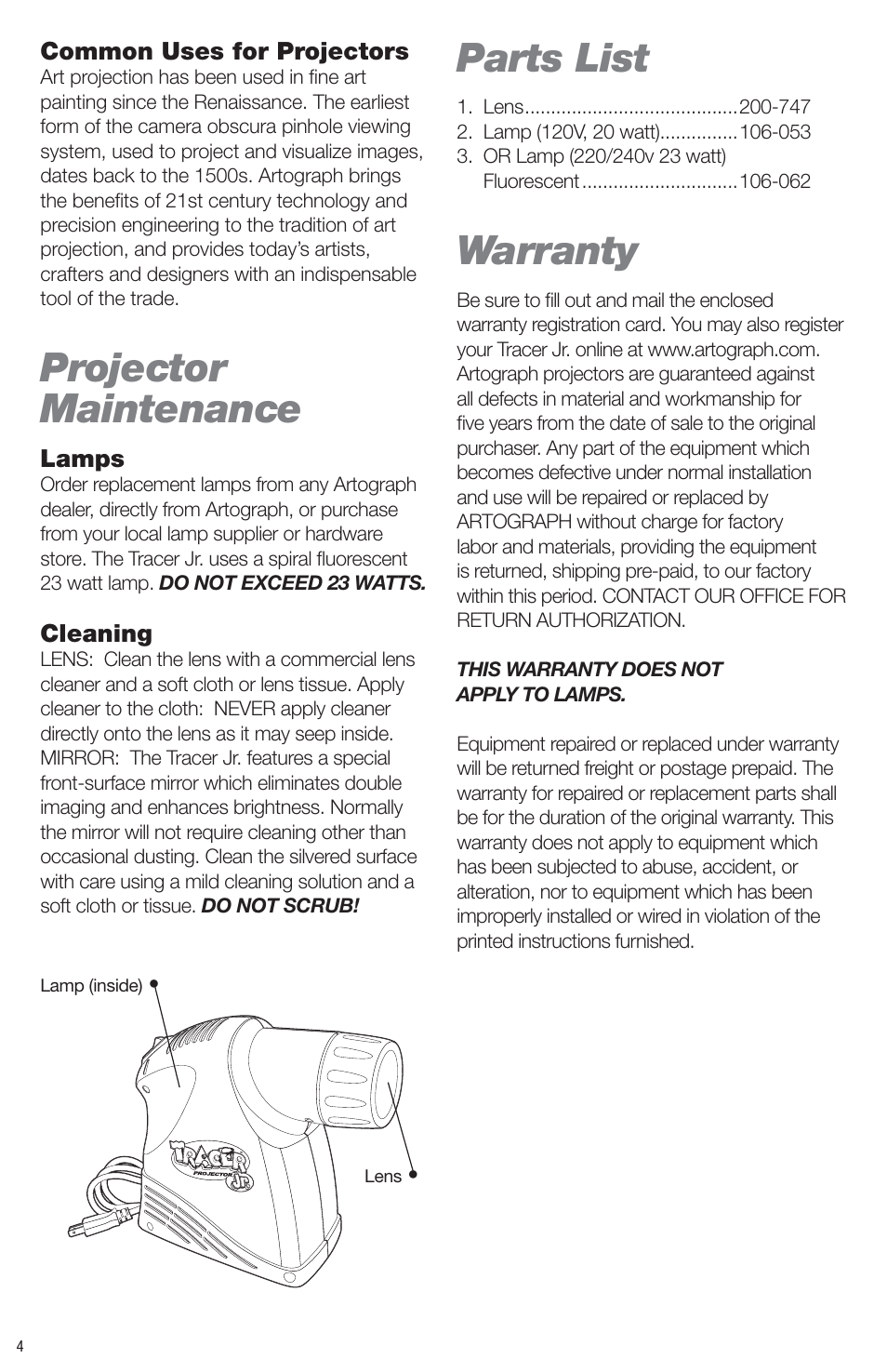 Projector maintenance, Parts list, Warranty | Artograph Tracer Jr. User Manual | Page 4 / 24