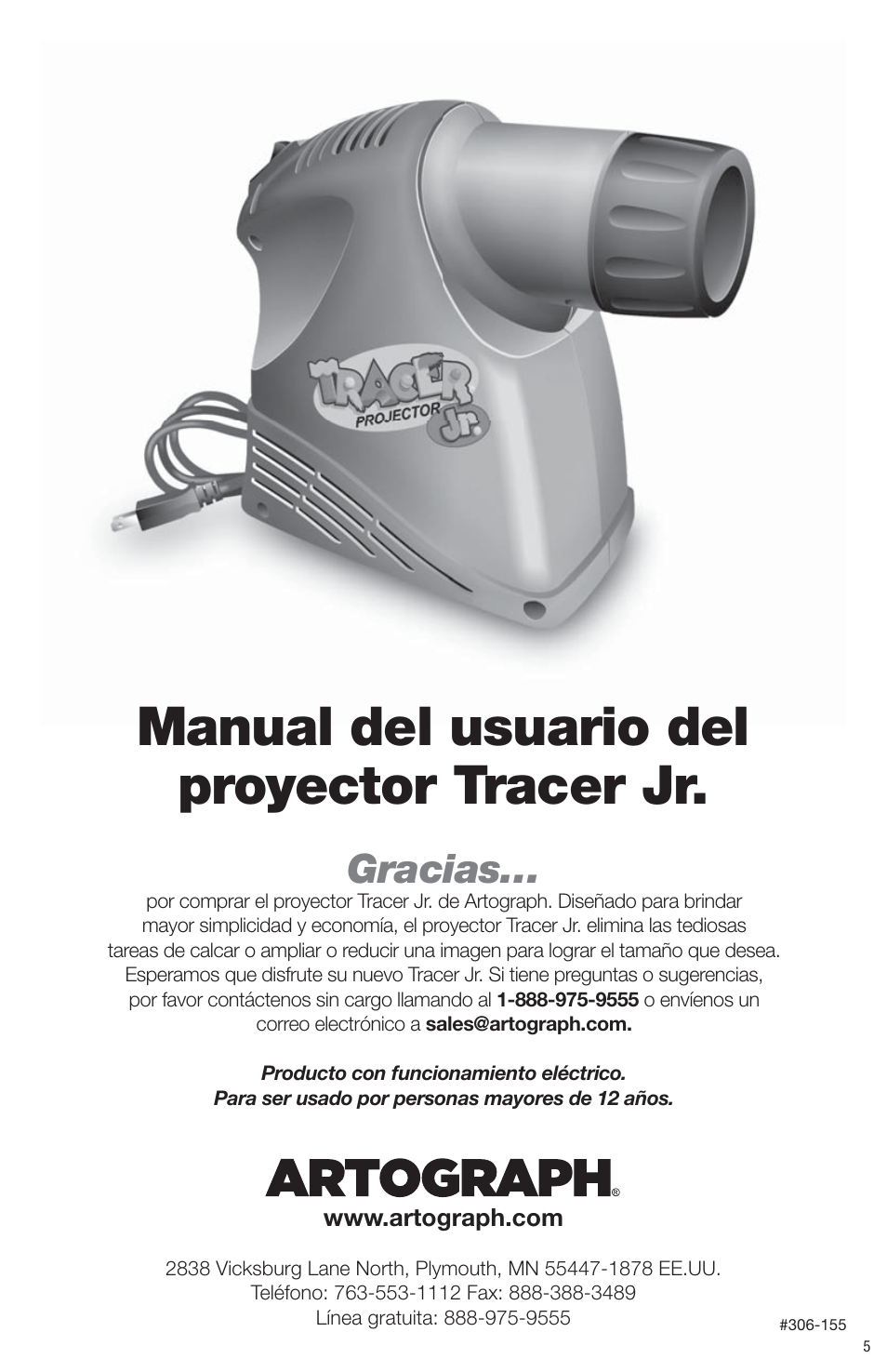 Manual del usuario del proyector tracer jr, Gracias | Artograph Tracer Jr. User Manual | Page 5 / 24