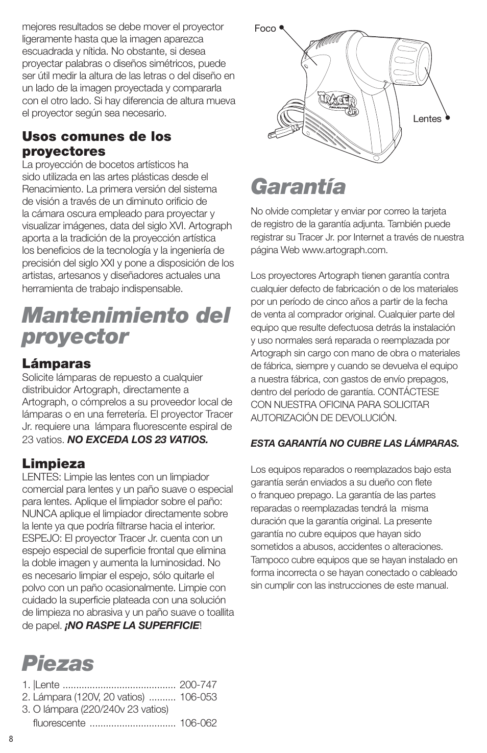 Mantenimiento del proyector, Piezas, Garantía | Artograph Tracer Jr. User Manual | Page 8 / 24