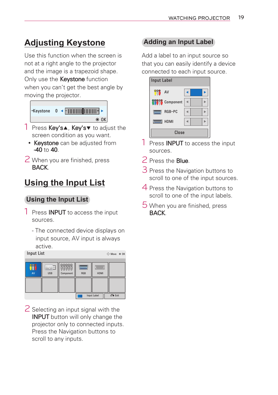 Adjusting keystone, Using the input list | Artograph LED 300 Owners Manual User Manual | Page 19 / 51