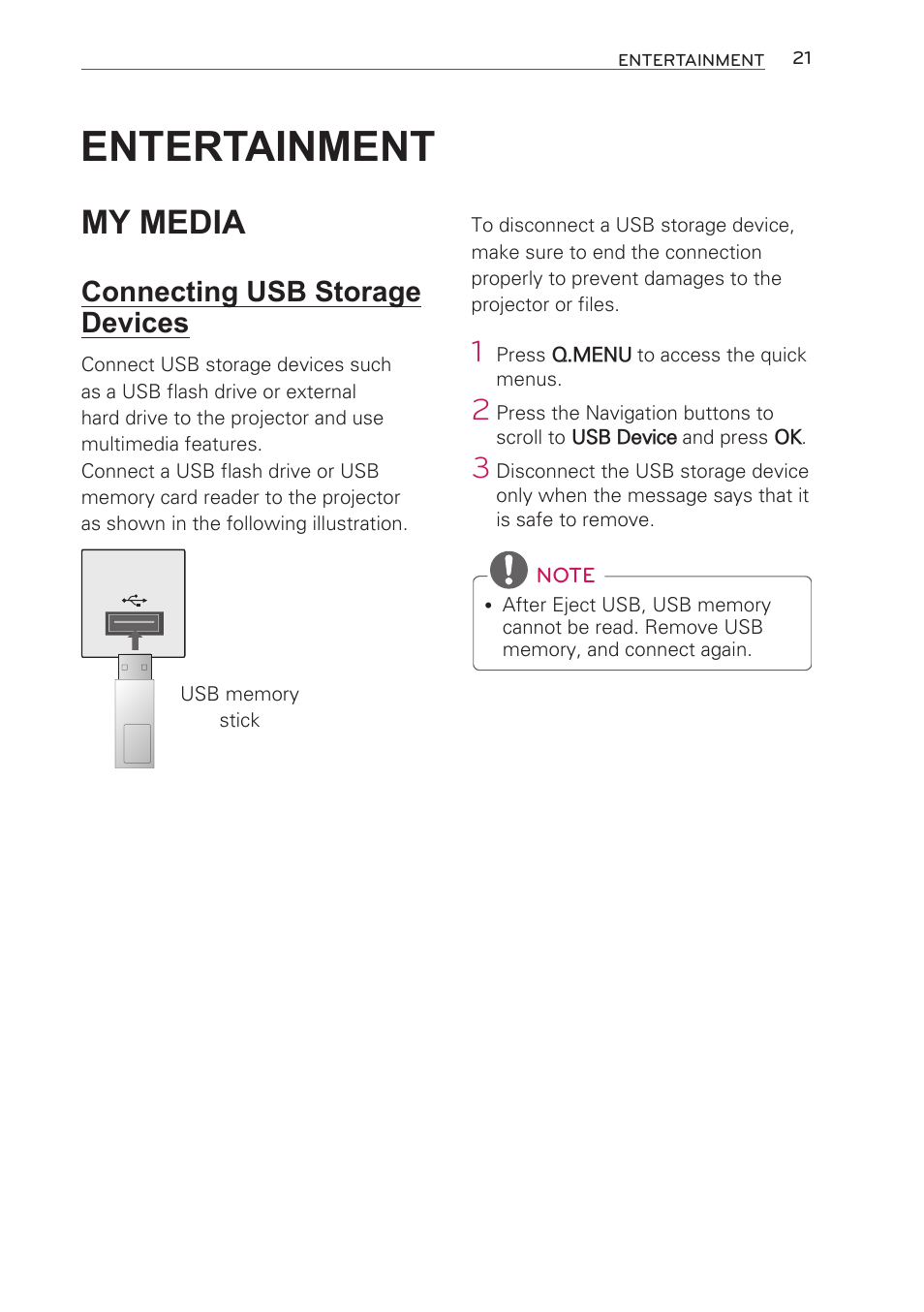 Entertainment, My media, Connecting usb storage devices | Artograph LED 300 Owners Manual User Manual | Page 21 / 51