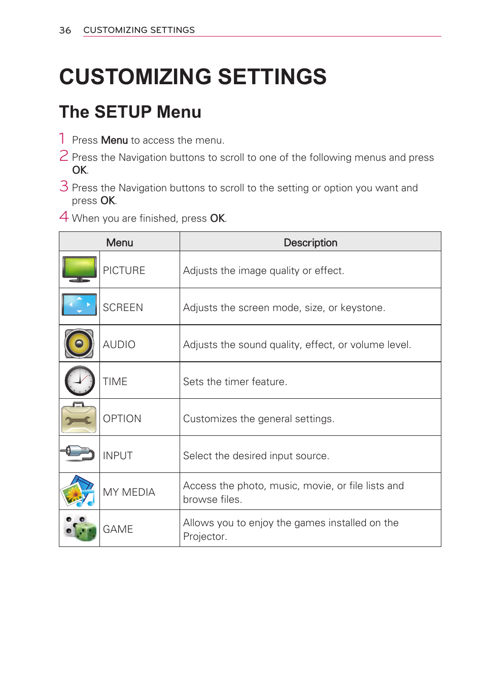 Customizing settings, The setup menu, Customizing settings 36 | Artograph LED 300 Owners Manual User Manual | Page 36 / 51