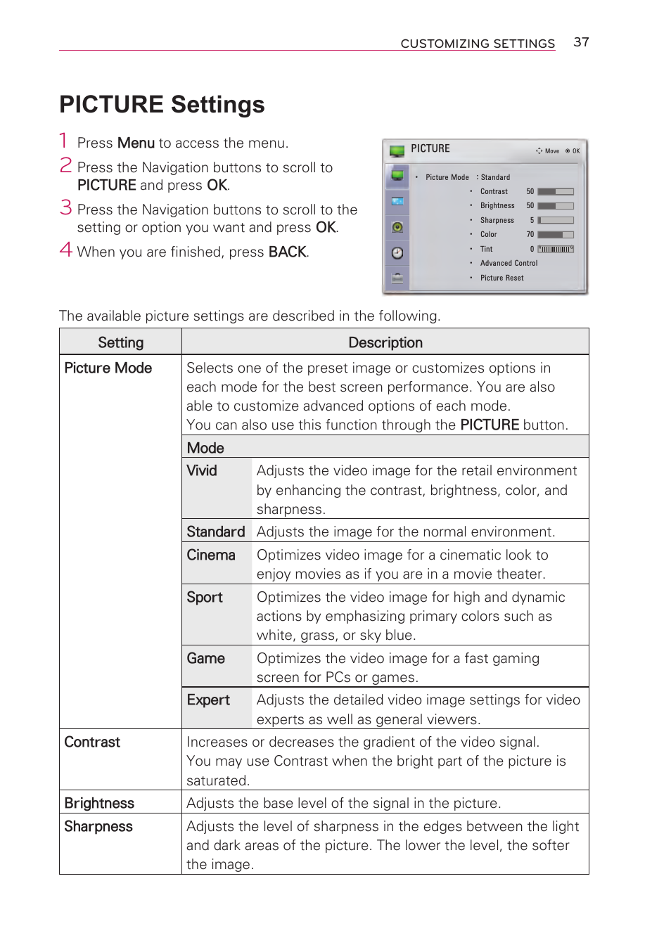 Picture settings | Artograph LED 300 Owners Manual User Manual | Page 37 / 51