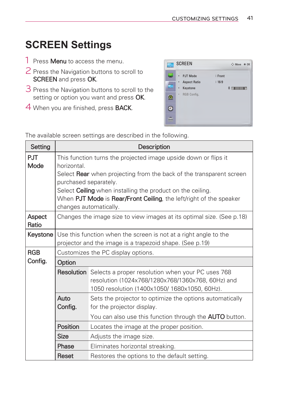 Screen settings | Artograph LED 300 Owners Manual User Manual | Page 41 / 51