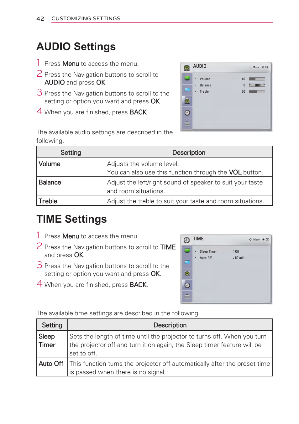 Audio settings, Time settings | Artograph LED 300 Owners Manual User Manual | Page 42 / 51