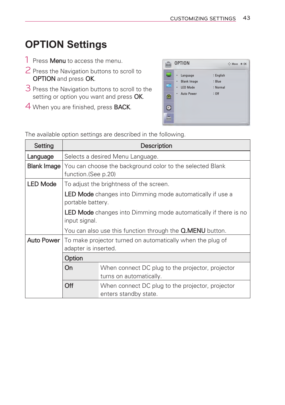 Option settings | Artograph LED 300 Owners Manual User Manual | Page 43 / 51