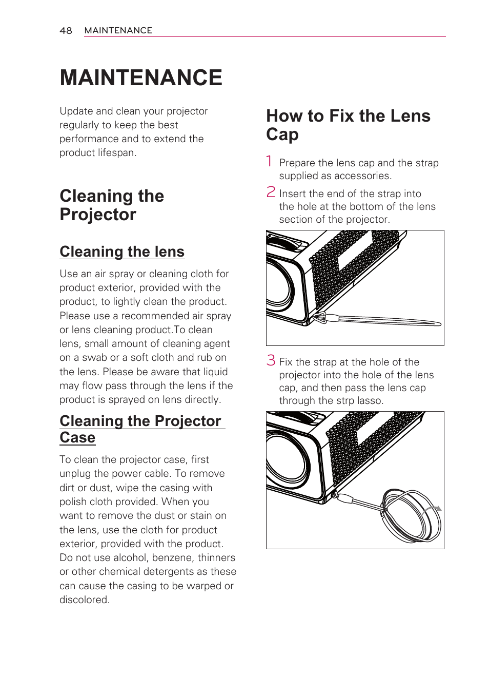 Maintenance, Cleaning the projector, Cleaning the lens | Cleaning the projector case, How to fix the lens cap | Artograph LED 300 Owners Manual User Manual | Page 48 / 51