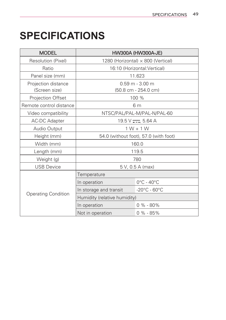 Specifications | Artograph LED 300 Owners Manual User Manual | Page 49 / 51