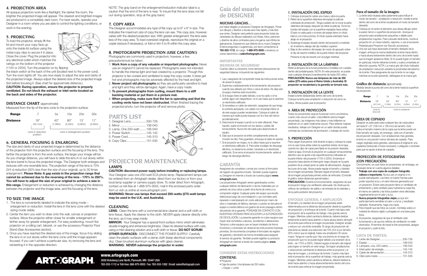 Parts list, Projector maintenance, Guía del usuario de designer | Garantía, Projection area, Projecting, Distance chart, General focusing & enlarging, Copy area, Photograph projection (use caution!) | Artograph Designer User Manual | Page 2 / 2