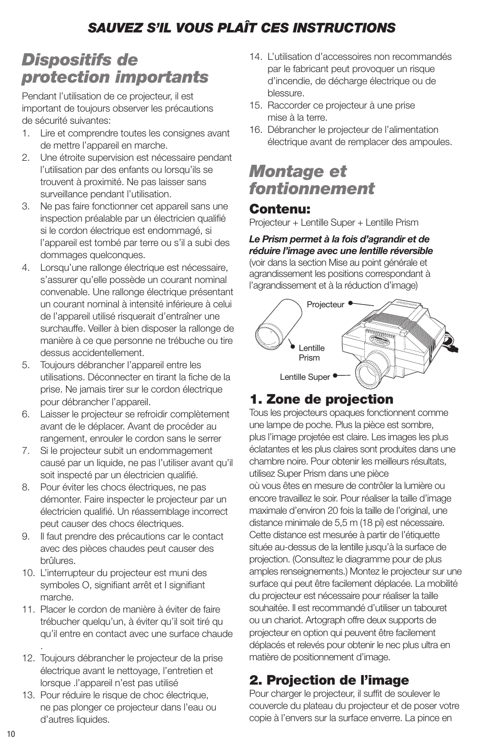 Dispositifs de protection importants, Montage et fontionnement, Contenu | Zone de projection, Projection de l’image, Sauvez s’il vous plaît ces instructions | Artograph Super Prism User Manual | Page 10 / 28
