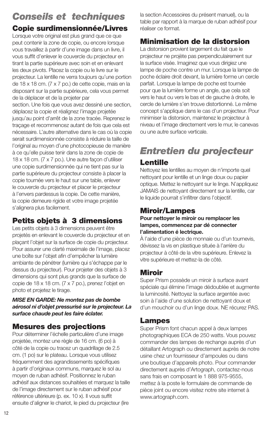 Conseils et techniques, Entretien du projecteur | Artograph Super Prism User Manual | Page 12 / 28