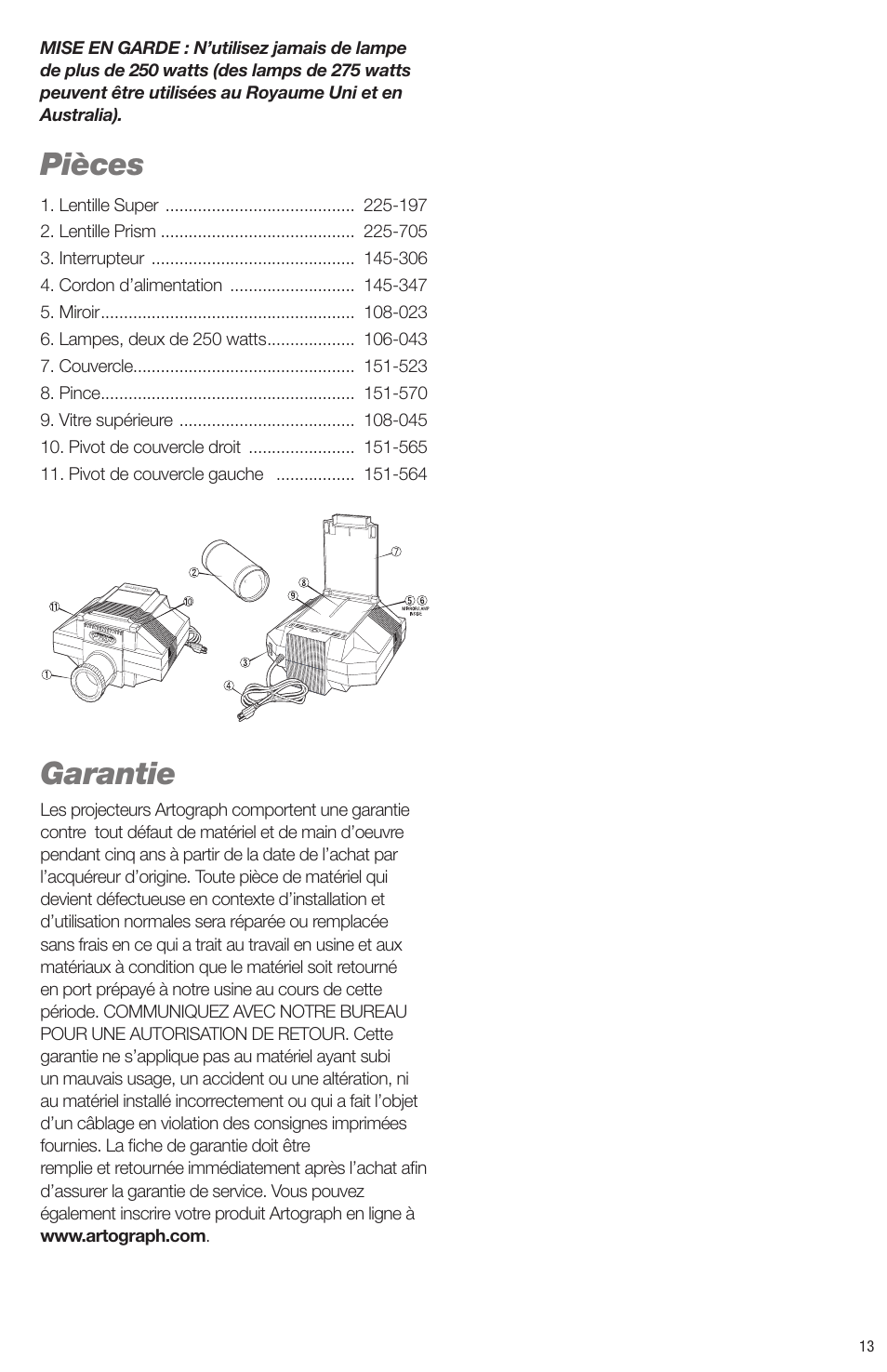 Pièces, Garantie | Artograph Super Prism User Manual | Page 13 / 28